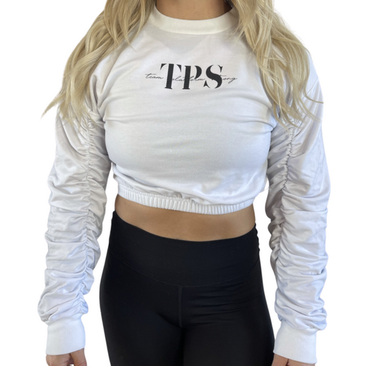 White 'Team Platform Strong' Ruched Long Sleeve Cropped Sweatshirt