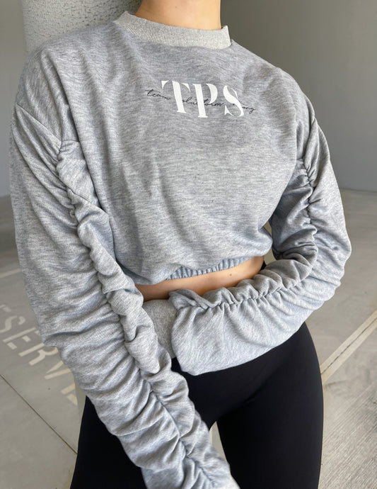 Grey 'Team Platform Strong' Ruched Long Sleeve Cropped Sweatshirt